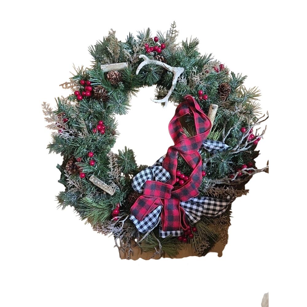 Handmade Buffalo Plaid Antler Branches Berries Branches Christmas Wreath 24"